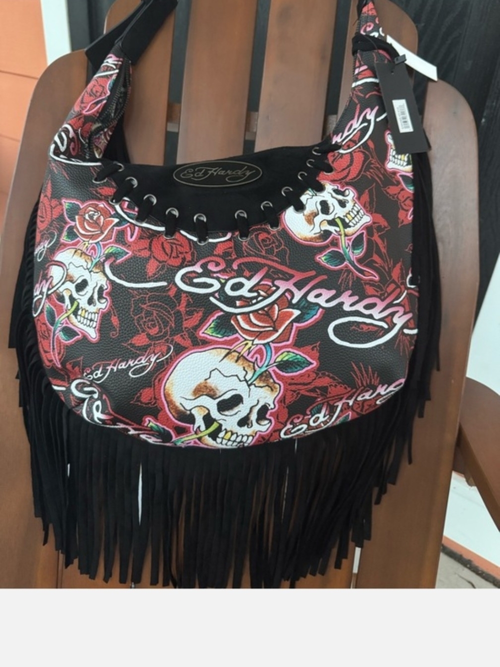 Ed Hardy Red & Black Skull Fringe Hobo Bag New